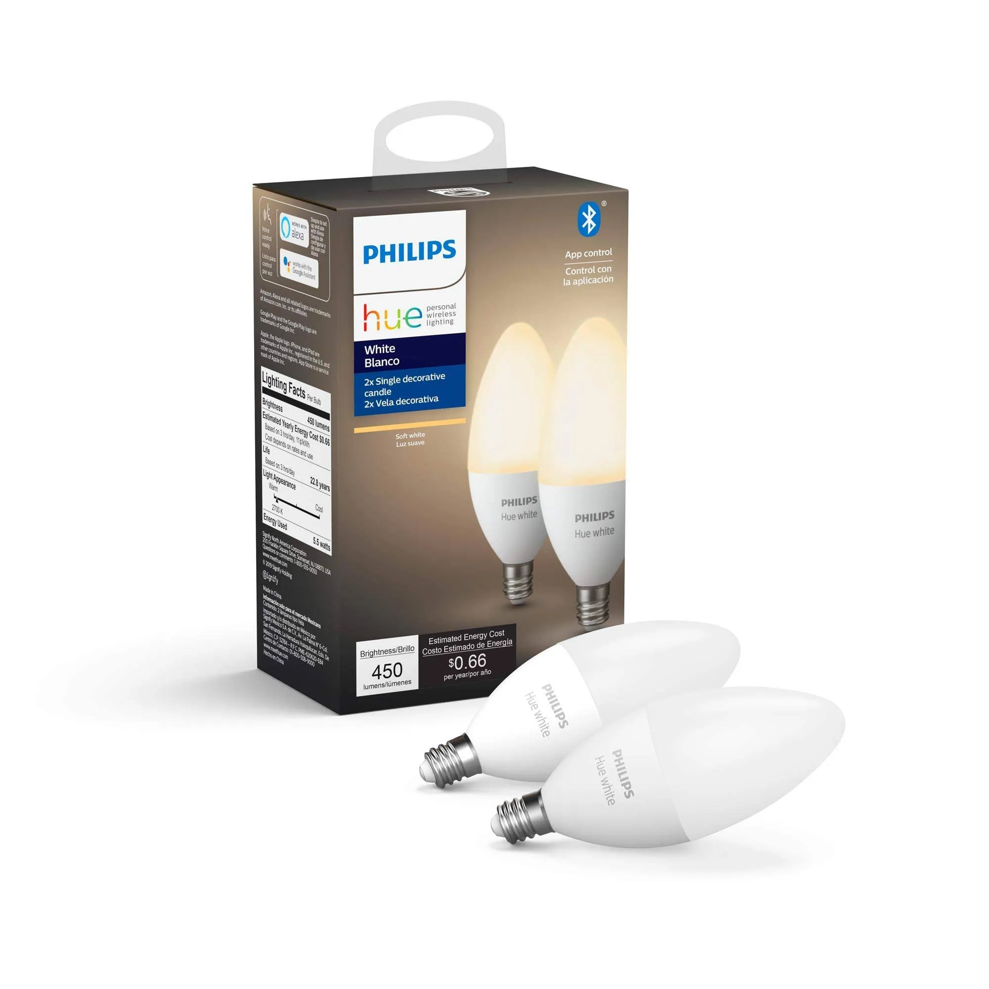 Philips - Hue E12 Bluetooth 40W Smart LED Bulb (2-Pack) - White