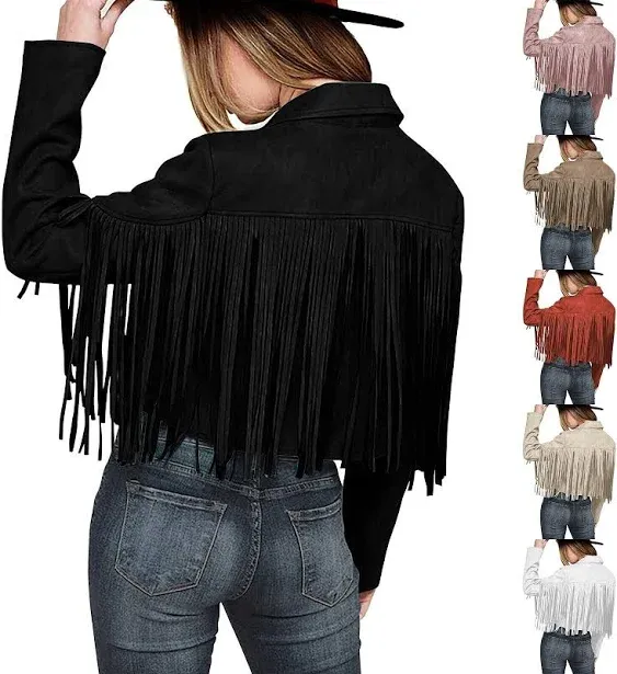 Women's Fringe Faux Suede Jackets 2023 Fashion Tassel Motorcycle