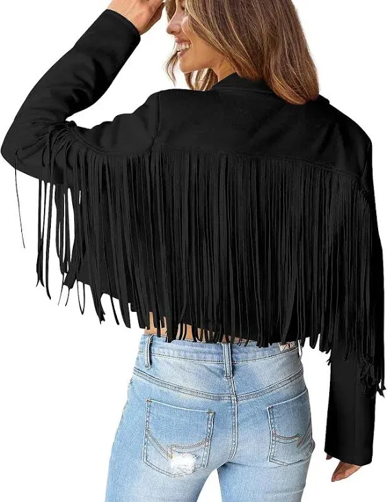 Women&#039;S Fringe Faux Suede Leather Jackets 2023 Fashion Tassel Motorcycle Cropped