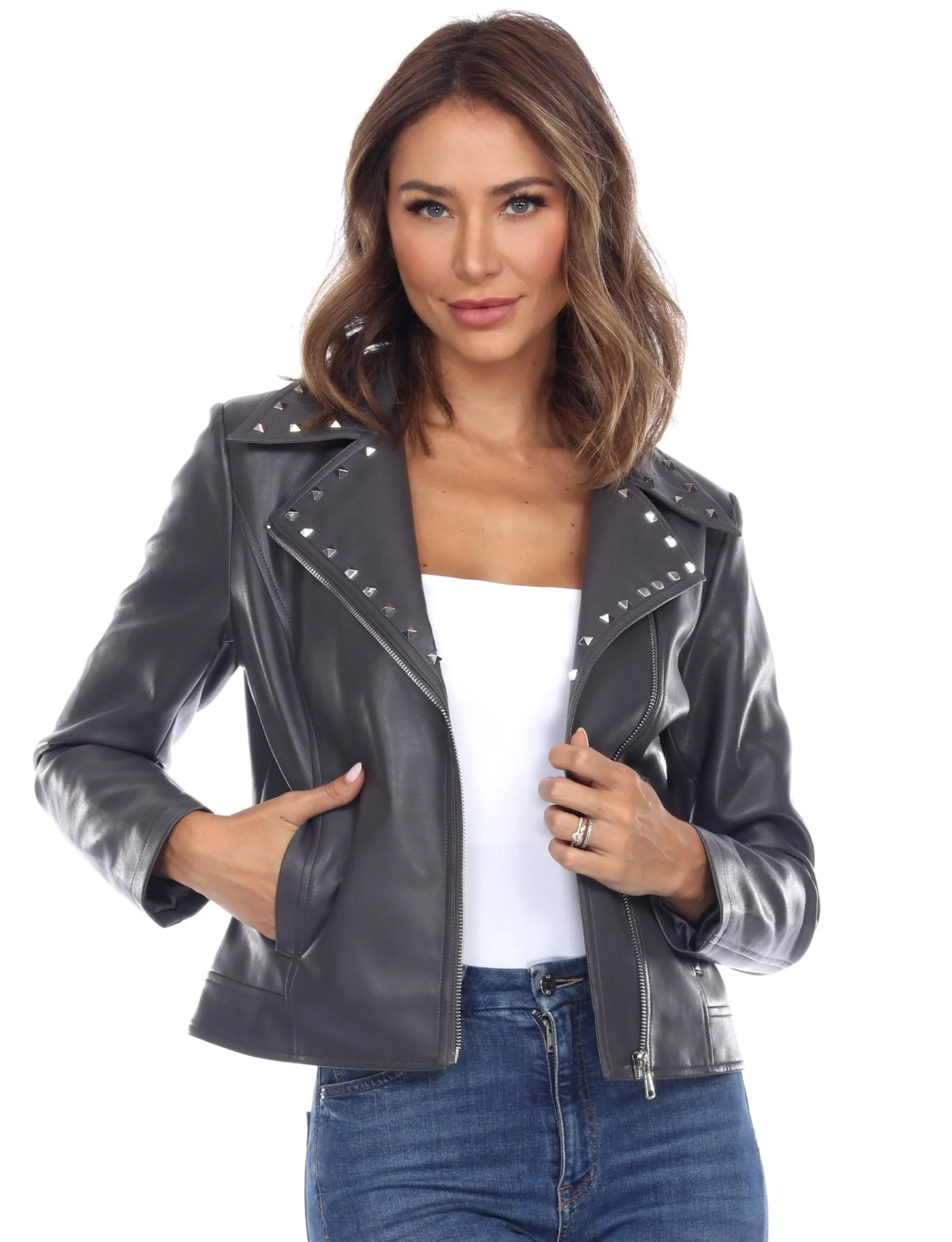 White Mark Women's Plus Size PU Faux Leather Studded Jacket