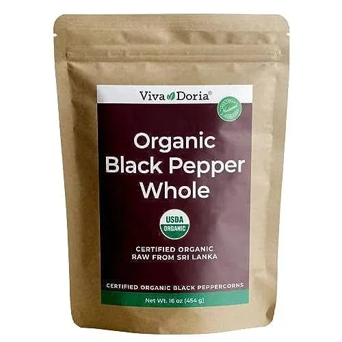 Viva Doria Organic Whole Black Pepper, Black Peppercorns, 16 oz (1 lb) For Grinder RefillsViva Doria Organic Whole Black Pepper, Black Peppercorns, 16 oz (1 lb) For Grinder Refills