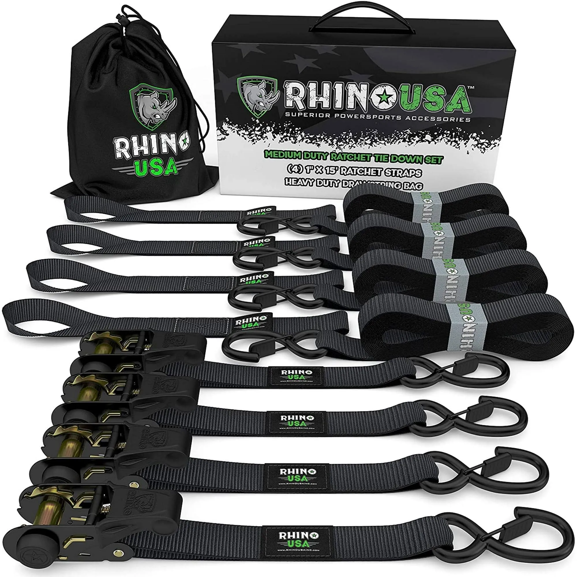 RHINO USA Ratchet Straps 4PK - 1,823lb Guaranteed Max Break Strength, Includes 4