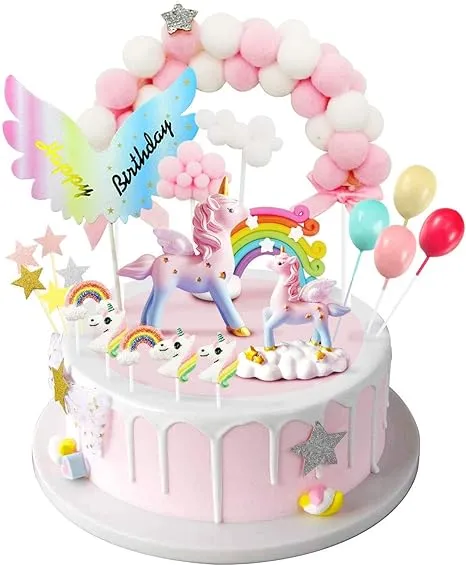 MOVINPE Unicorn Cake Topper, Magic Unicorns Sculpture, Pink Hairball Arch, Rainbow, Wings Birthday Banner, Cloud, Balloon, Stars, Little Unicorn Rainbows, Cake Decoration For Girl Kid Women PartyMOVINPE Unicorn Cake Topper, Magic Unicorns Scul…