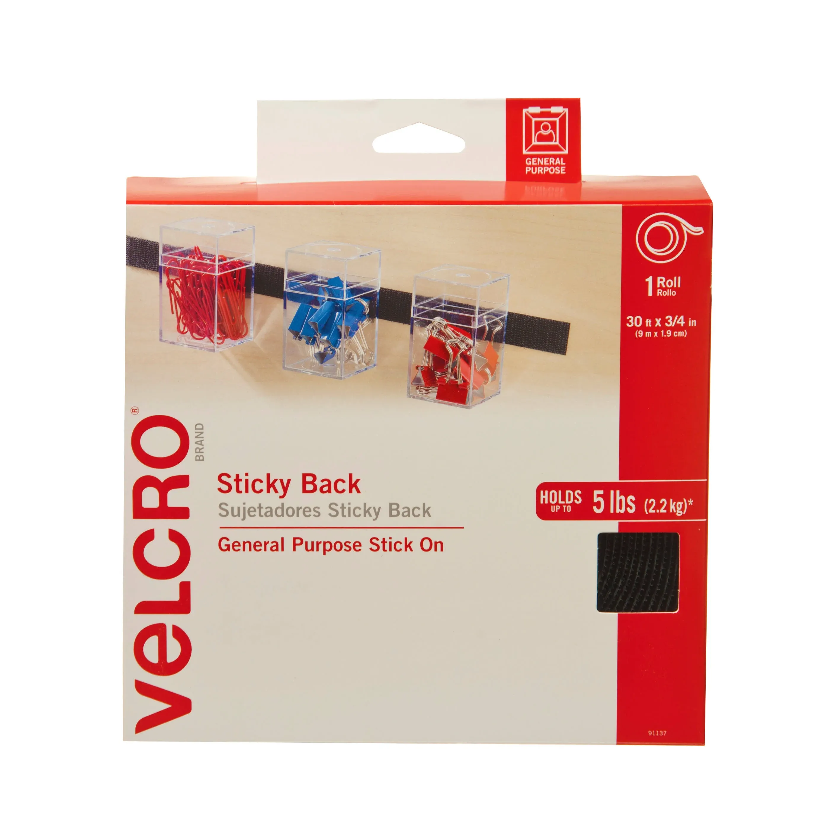 VELCRO Brand Sticky Back Hook and Loop Tape – Peel and Stick Permanent Roll 30ftx3/4in Black 91137