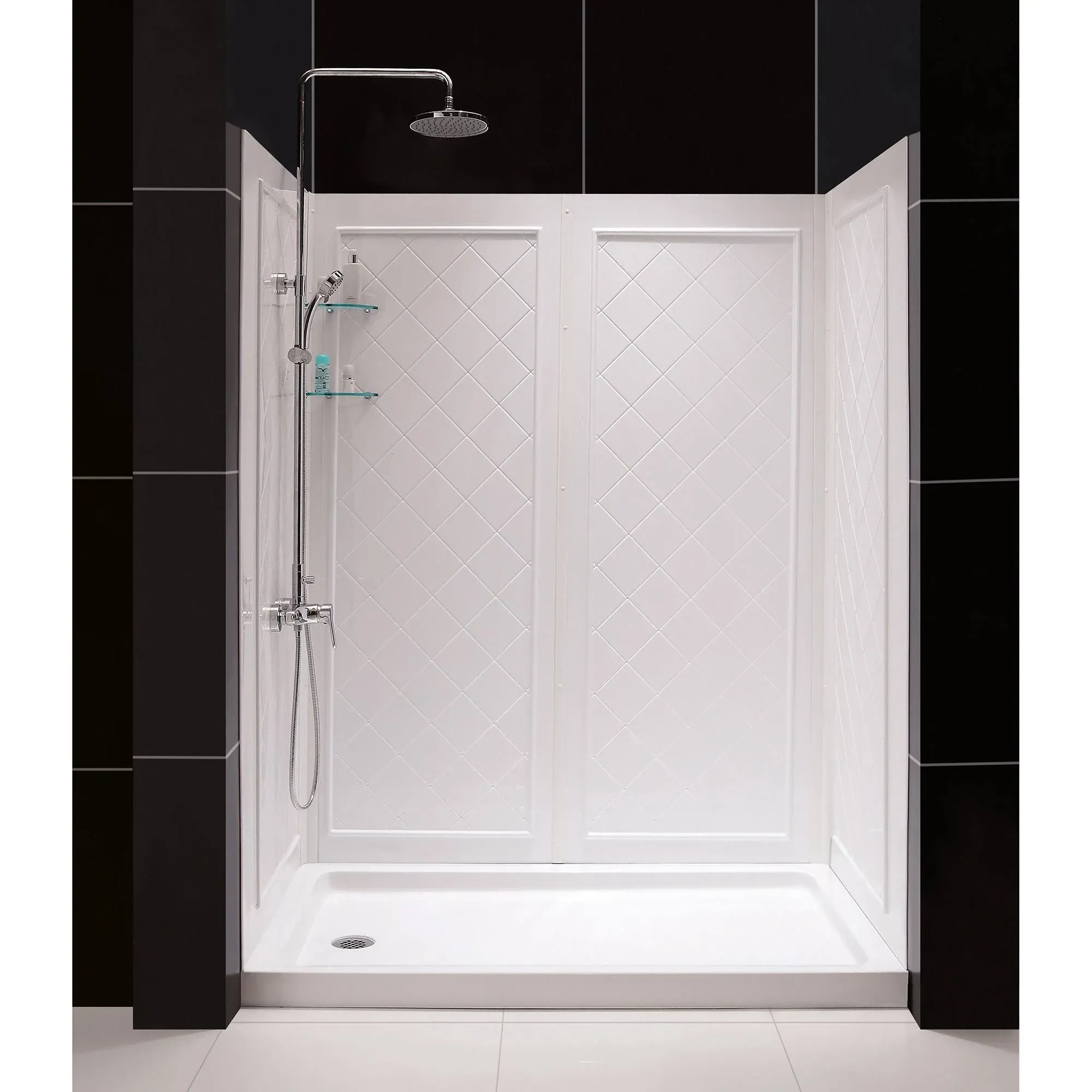 DreamLine Slimline 32" by 60" Shower Base Center Drain and QWALL-5 Shower Backwall Kit, DL-6190C-01