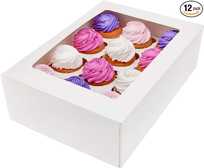 BAKELUV Cupcake Boxes with Window | 13x9.5x4, White, 12 Pack | Dozen Cupcake Box, Cupcake Boxs, Cupcakes Box, Cupcake Boxes 12 Count, Cupcake