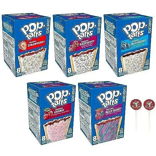 Pop Tarts Frosted Variety Pack, Strawberry, Raspberry, Blueberry, Cherry, and Wild Berry, 13.5 Ounce Pack of 5 - with Two MYD Lollipops