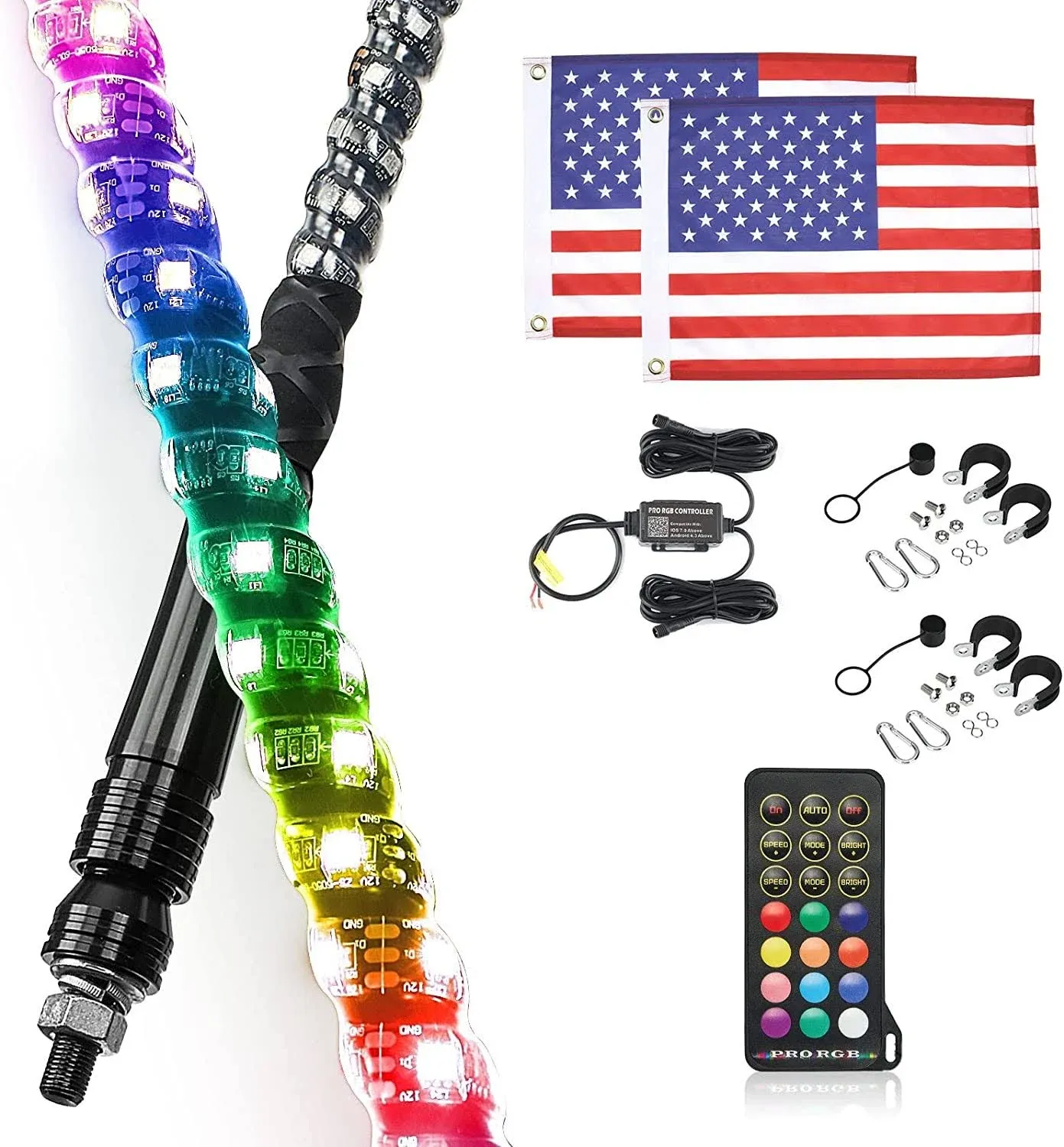 360° 3ft Spiral LED UTV Whip Lights, App & RF Remote Control - KEMIMOTO