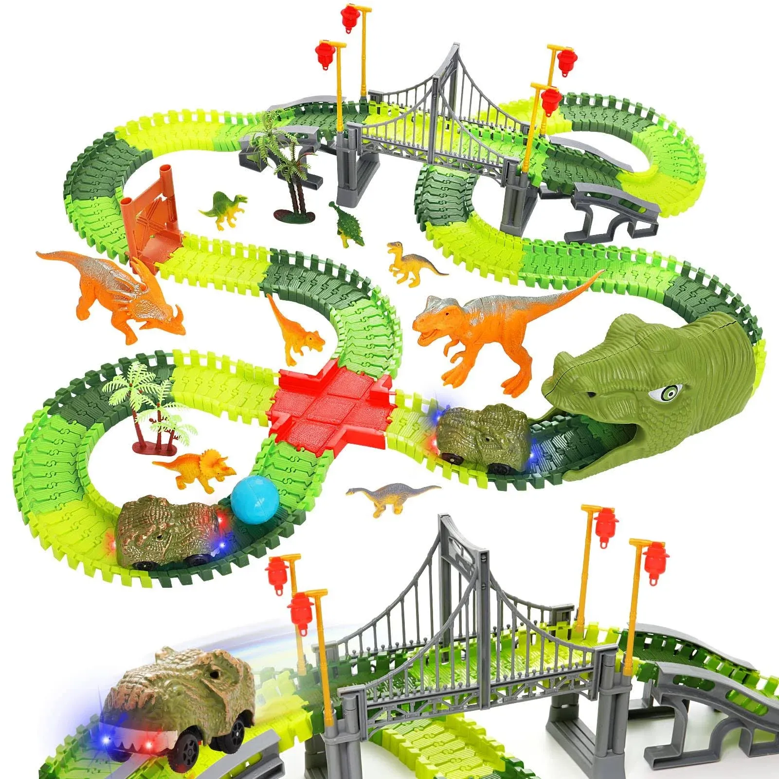 Dinosaur Toys Race Car Track, Create a Dinosaur World Road Race, Flexible Dinosa