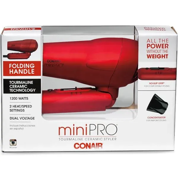 Conair MiniPRO Folding Handle Tourmaline Ceramic Styler/Hair Dryer; Red