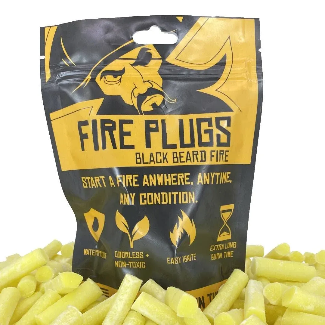 Black Beard Fire Plugs (50 Plugs) | 100% Weatherproof Fire Starter for Campfires | Can Light 50+ Fires | Extra Long Burn Time | 30 Yr Shelf Life for Emergency Survival Kits | Made in USA, Yellow