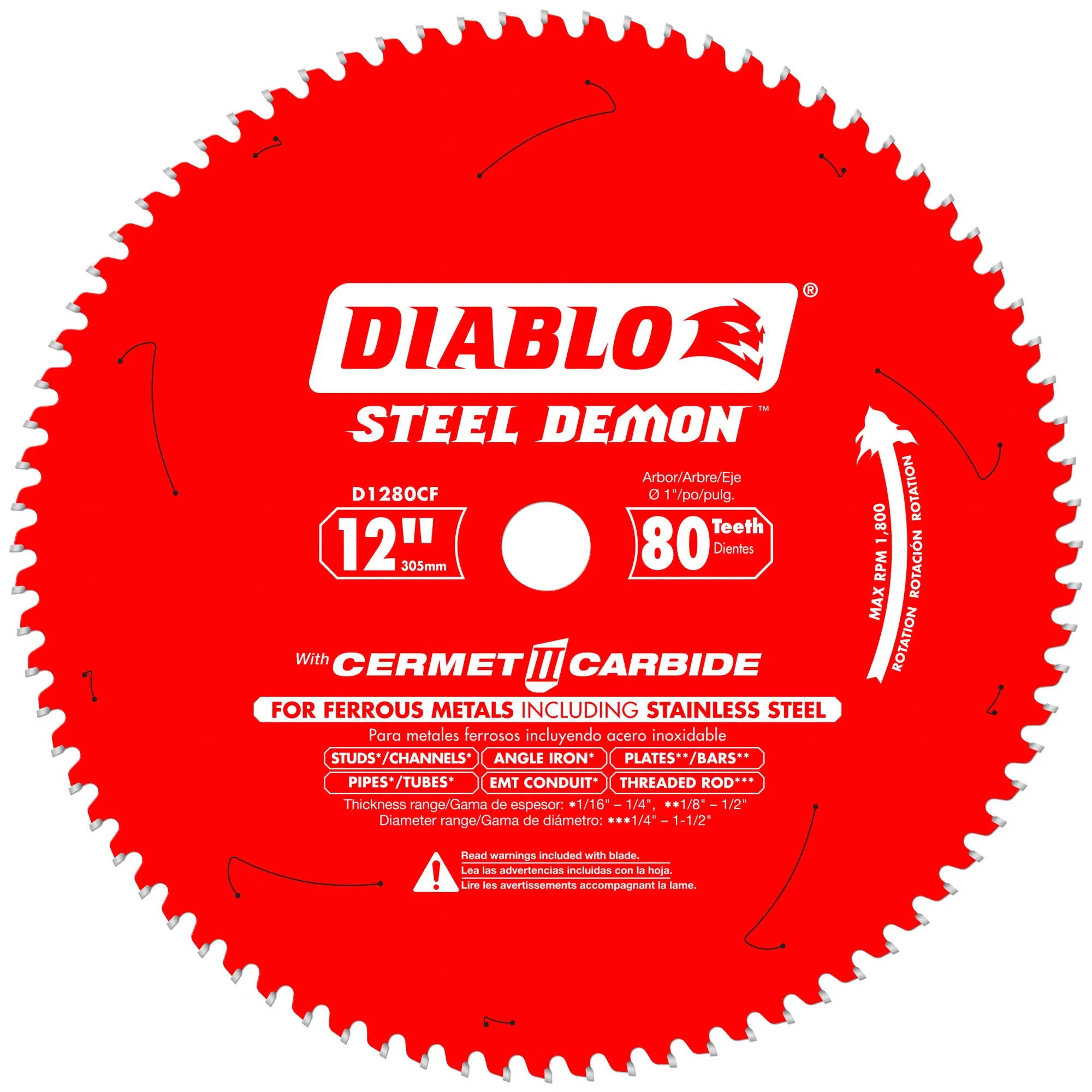 DIABLO Circular Saw Blade: 12 in Blade Dia., 80 Teeth, 0.083 in Cut Wd, 1 in Arbor Size, Thin Metal