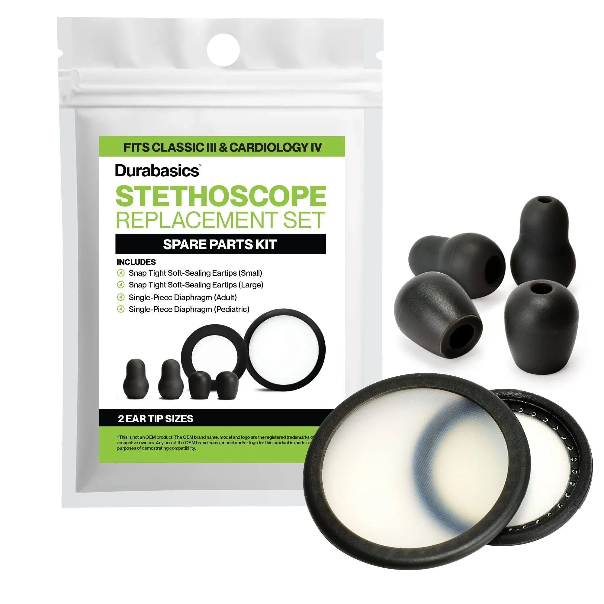 Durabasics Classic 3, Cardiology 3 & Cardiology 4 Stethoscope Accessories Kit for Littman Stethoscope Replacement Parts & Littmann Stethoscope Parts - Fits Classic III, Cardiology III & IV - Black