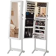 LUXFURNI LED Mirror Jewelry Cabinet Armoire, Freestanding Jewelry Storage Organizer with Full Length Mirror, Large Jewelry Storage Mirror, Built-in Lighted Mirror, Lockable, white