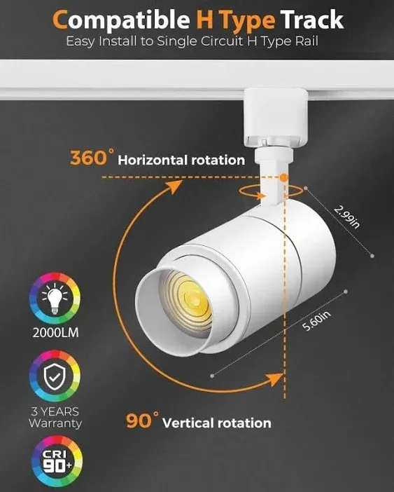 VANoopee 3-Color Zoomable 20W LED Track Lighting Heads H Type Track Light Hea...