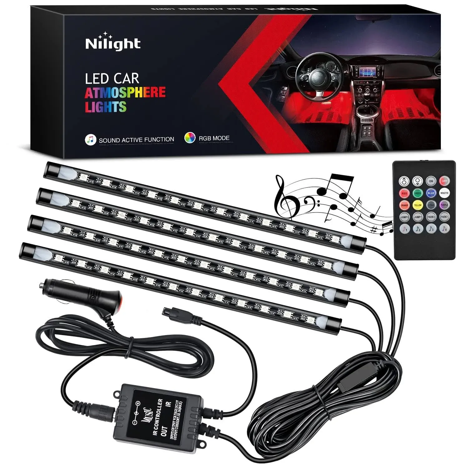 Nilight - TR-06 4pcs 48 LED Interior Lights DC 12V Multicolor Music Car Strip ...