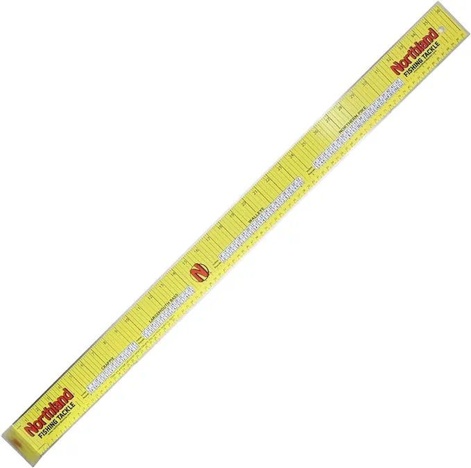 Northland Ruler - Tabla de medición de pesca de metal, accesorio de navegación - 1/cada - 36 pulgadas - Amarillo, métrico y pulgadas con conversiones de peso para Panfish, Walley y Northern Pike