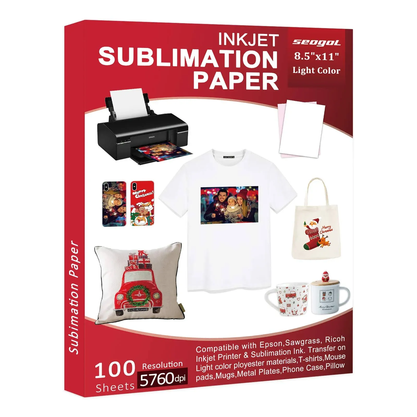 Sublimation Paper 100 Sheets 8.5 x 11 Inches 120gsm, for Any Inkjet Printer with Sublimation Ink Epson, Sawgrass, Heat Transfer Sublimation for Mugs T-shirts Light Fabric