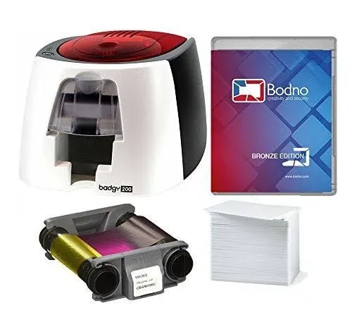 Bodno Badgy200 Color Plastic ID Card Printer with Complete Supplies Package ID Software - Bronze Edition