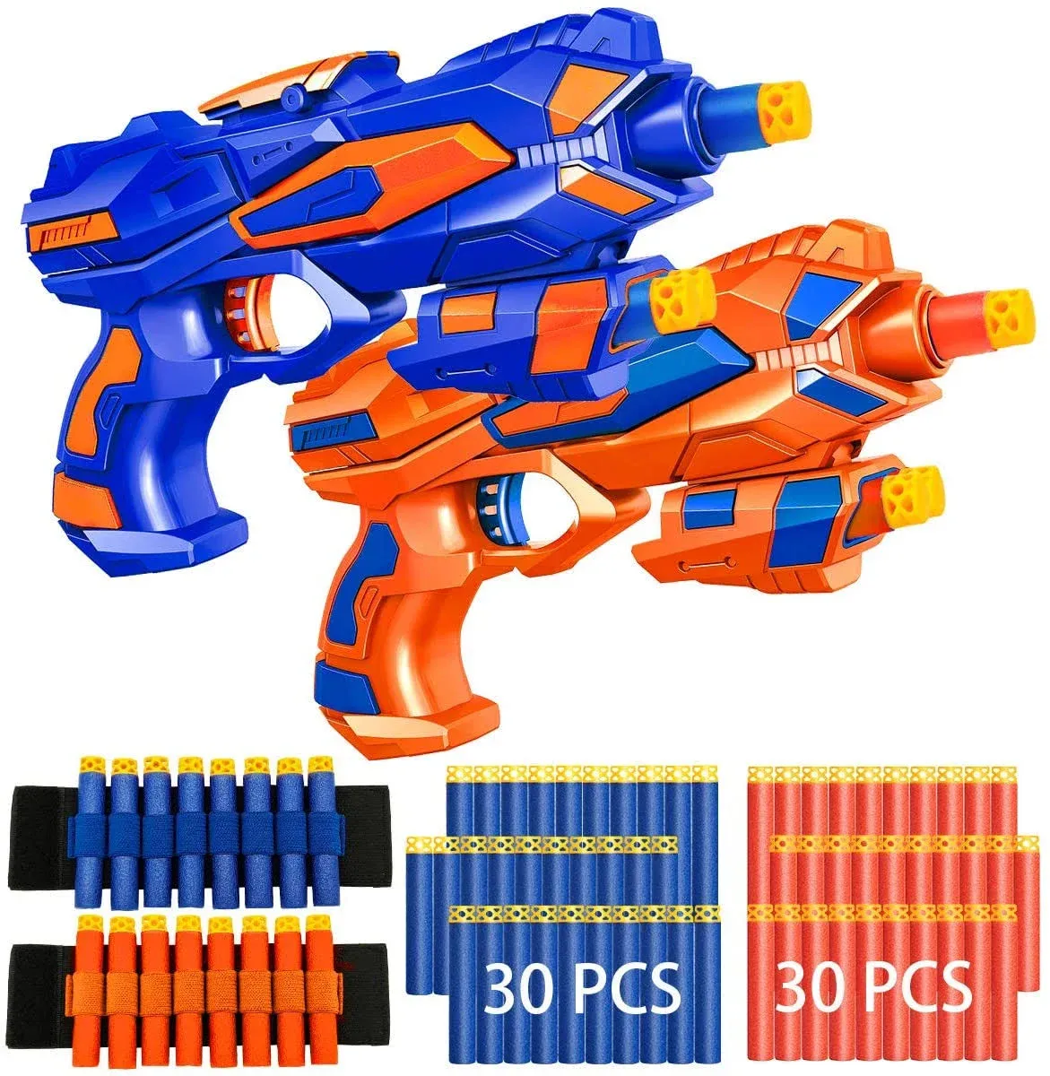 2 Pack Blaster Guns Toy\u200b 60 Bullets for Nerf & 2 Wristbands, Guns Toys for Kids Age 4-8 Birthday Gift for 5-7 Year Old Boys Girls Ideas Gifts for Boys Kids Age 6-10 Outdoor Games Toys for 9 yr Old Boy