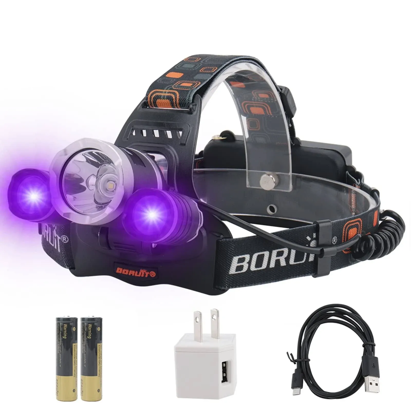 RJ-3000 LED Black Light Headlamp,3 Modes White and UV Light Headlamp,5000 Lumens