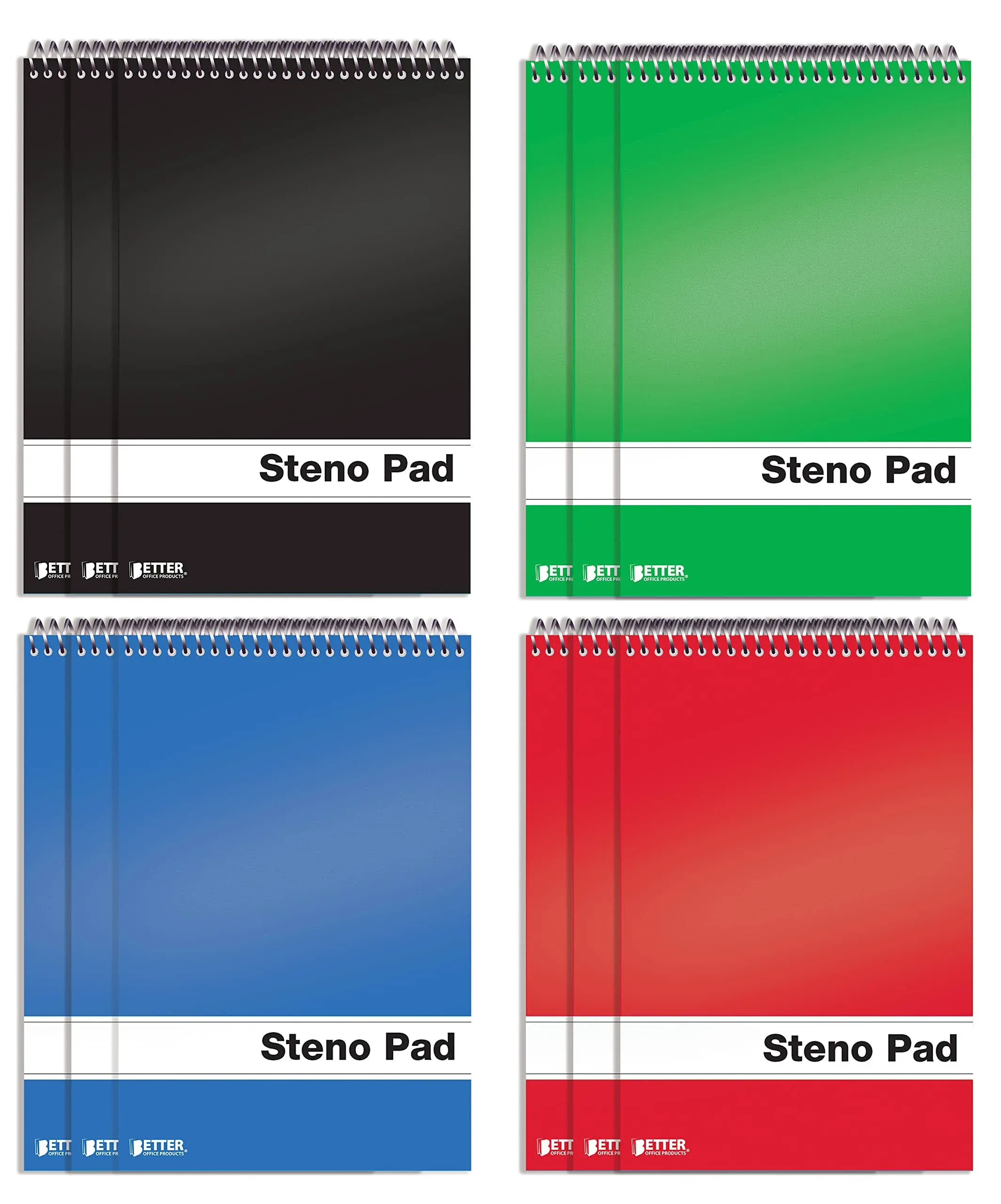 Better Office Products Spiral Steno Pads, 12 Pack, 6 x 9 inches, 80 Sheets, White Paper, Gregg Rule, Assorted Solid Colors (Red, Black, Blue, Green), 12 Steno Notebooks