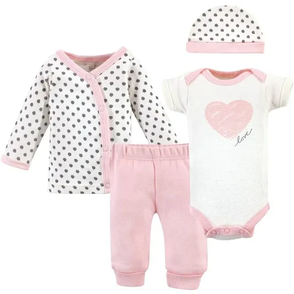 Touched by Nature Baby Girl Organic Cotton Preemie Layette 4pc Set, Pink Gray Scribble, Preemie