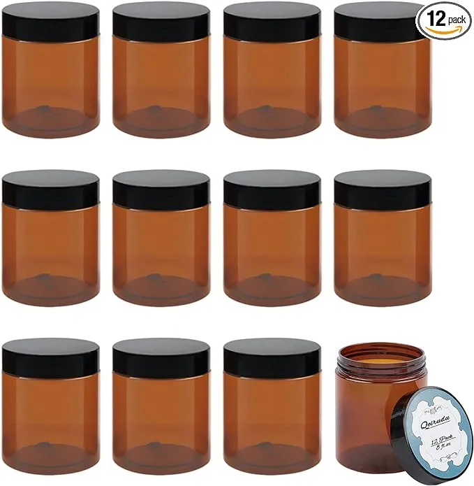 Qeirudu 8 oz Amber Plastic Jars with Lids and Labels, 12 Pack Empty Brown Body Butter Containers for Body Scrub, Cosmetic Beauty Products, Creams and Lotion