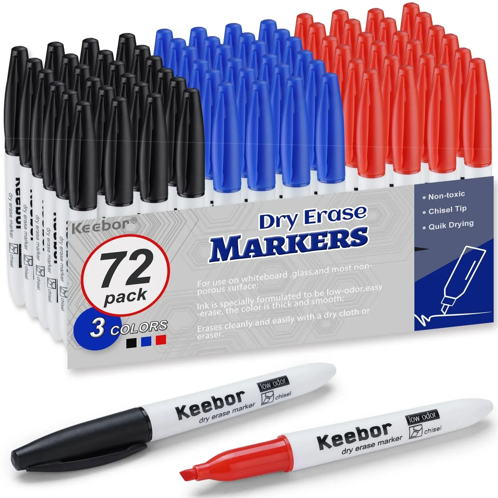 Low-Odor Dry Erase Markers Chisel Tip, 3 Assorted Colors, Bulk of 72 Pack White Board Markers, Office & School Supplies