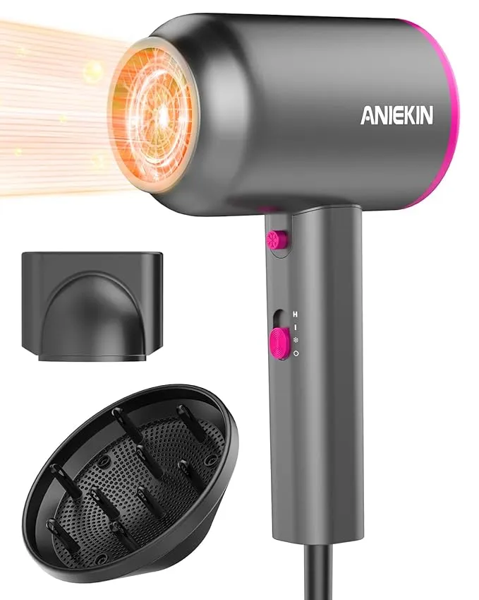 Aniekin Hair Dryer with Diffuser, 1875W Ionic Blow Dryer, Professional Portable Hair Dryers & Accessories for Women Curly Hair, Grey