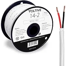 Voltive 14/2 Speaker Wire - 14 AWG/Gauge 2 Conductor - UL Listed in Wall (CL2/CL3) and Outdoor/In Ground (Direct Burial) Rated - Oxygen-Free Copper (OFC) - 100 Foot Spool - WhiteVoltive 14/2 Speaker Wire - 14 AWG/Gauge 2 Conductor - UL Listed in Wall (CL