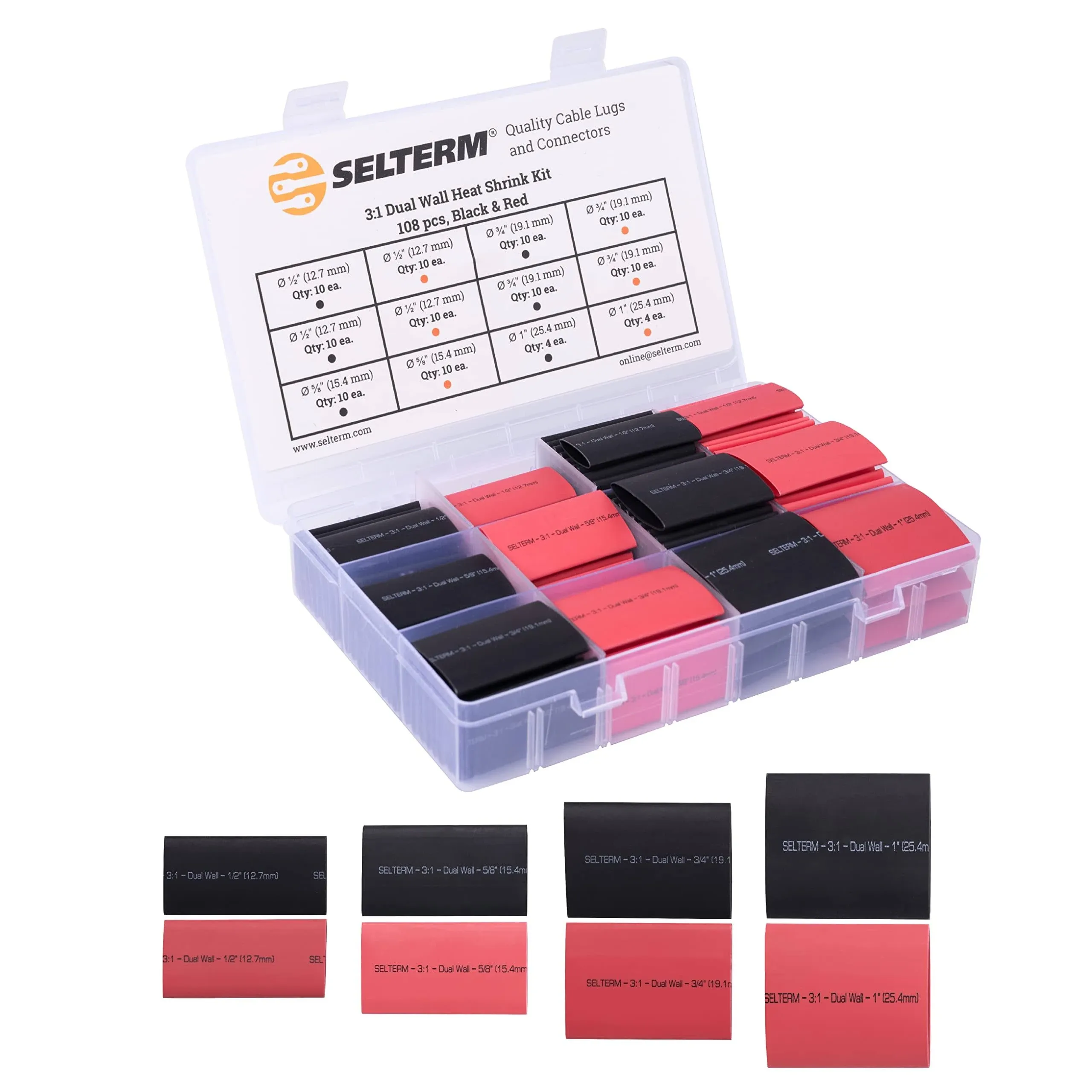 SELTERM Large Size Heat Shrink Tubing Kit 1, 3/4, 1/2, 5/8 Inch Assortment, 3:1 Dual Wall Adhesive Lined, Jumbo Shrink Tubes for Battery Cable Lugs Wire Terminals Connectors – Black & Red [108 pcs]SELTERM Large Size Heat Shrink Tubing Kit 1, 3/4, 1/2, 5/