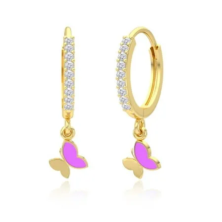 14K Gold Over Sterling Silver Butterfly Enamel and Cubic Zirconia 10mm Small Huggie Hoop Drop Earrings For Women and Girls