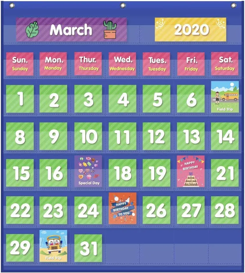 Eamay Classroom Monthly Calendar Pocket Chart with 71 Cards for Kids Learning for ...