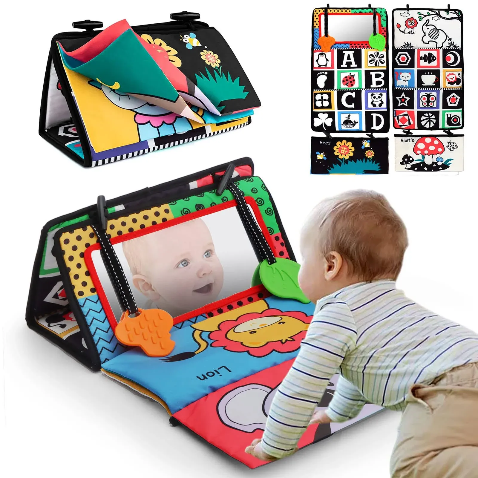 Baby Mirror Tummy Time Toys,High Contrast Crinkle Cloth Book Toys Visual 