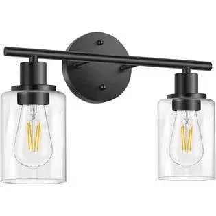 FOLKSMATE Bathroom Light Fixtures, 2 Light Matte Black Vanity Light, Vintage Wall Sconces Lighting, Modern Bath Wall Mounted Lights with Glass Shade