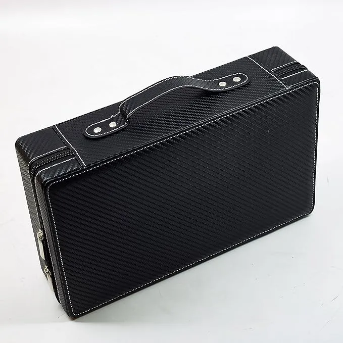 10 Watch Briefcase Black Carbon Fiber Zippered Travel Storage Case 50MM... 