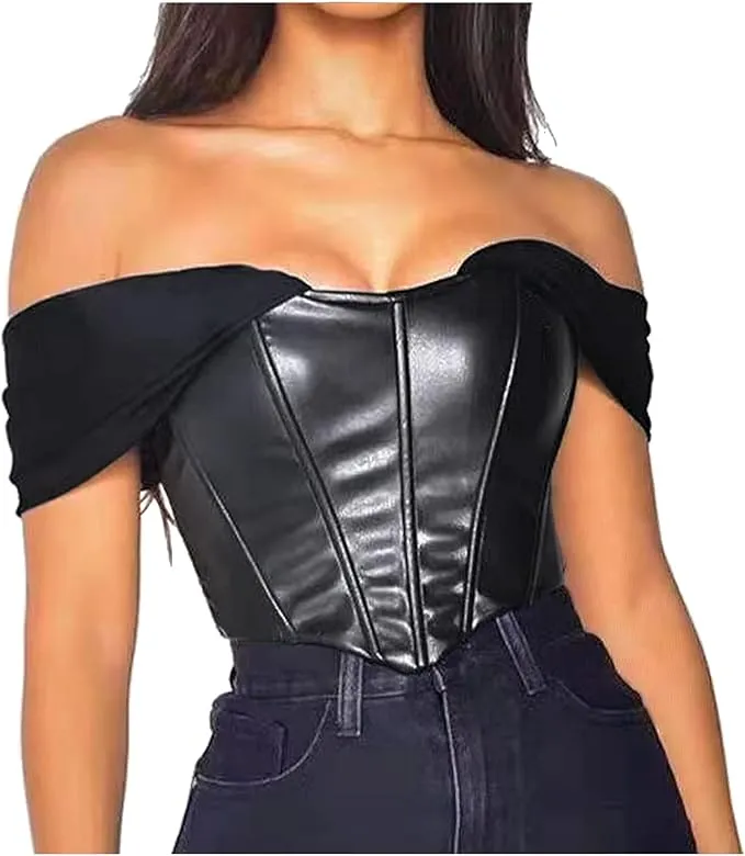 L'VOW Women's Sexy PU Leather Sweetheart Crop Top Off Shoulder Corset Mesh Sleeve Patchwork Boned Bustier