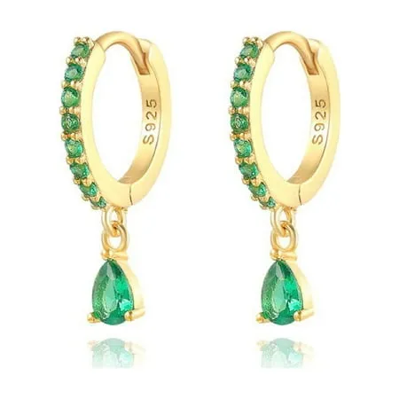 14K Gold Over Sterling Silver Small Teardrop Cubic Zirconia Small 10mm Hoop Huggies Earrings For Girls and Women Gold & Green