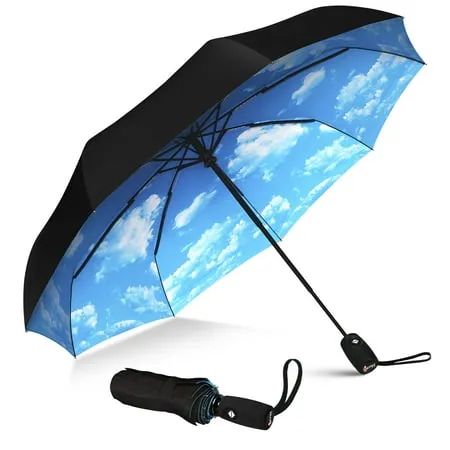 Repel Windproof Travel Umbrella, Teflon Coated Double Vented Canopy, Compact, Automatic (Blue Sky)