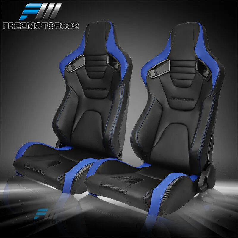 Adjustable Universal Racing Seat Blue Stripe PU Carbon Leather Set&amp;2 Dual Slider