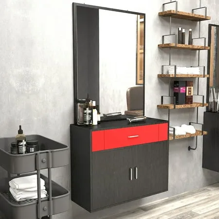 Artist Hand Wall Mount Barber Salon Station Hair Styling Makeup Beauty Spa with Mirror Drawer 2 Doors (Black+Red)