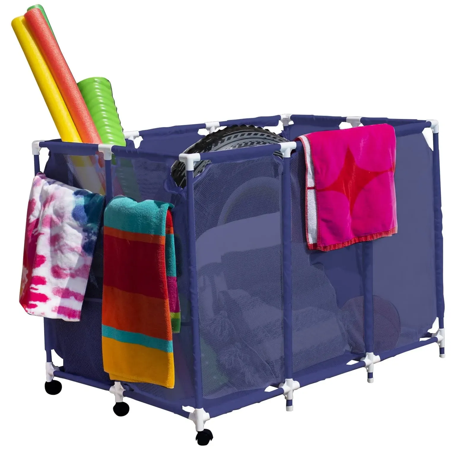 Essentially Yours Pool Noodles Holder, Toys, Floats, Balls and Floats Equipment Mesh Rolling Storage Organizer Bin, Extra-Large, (47.2" W x 30.2" L x 34" H), White Style 455119