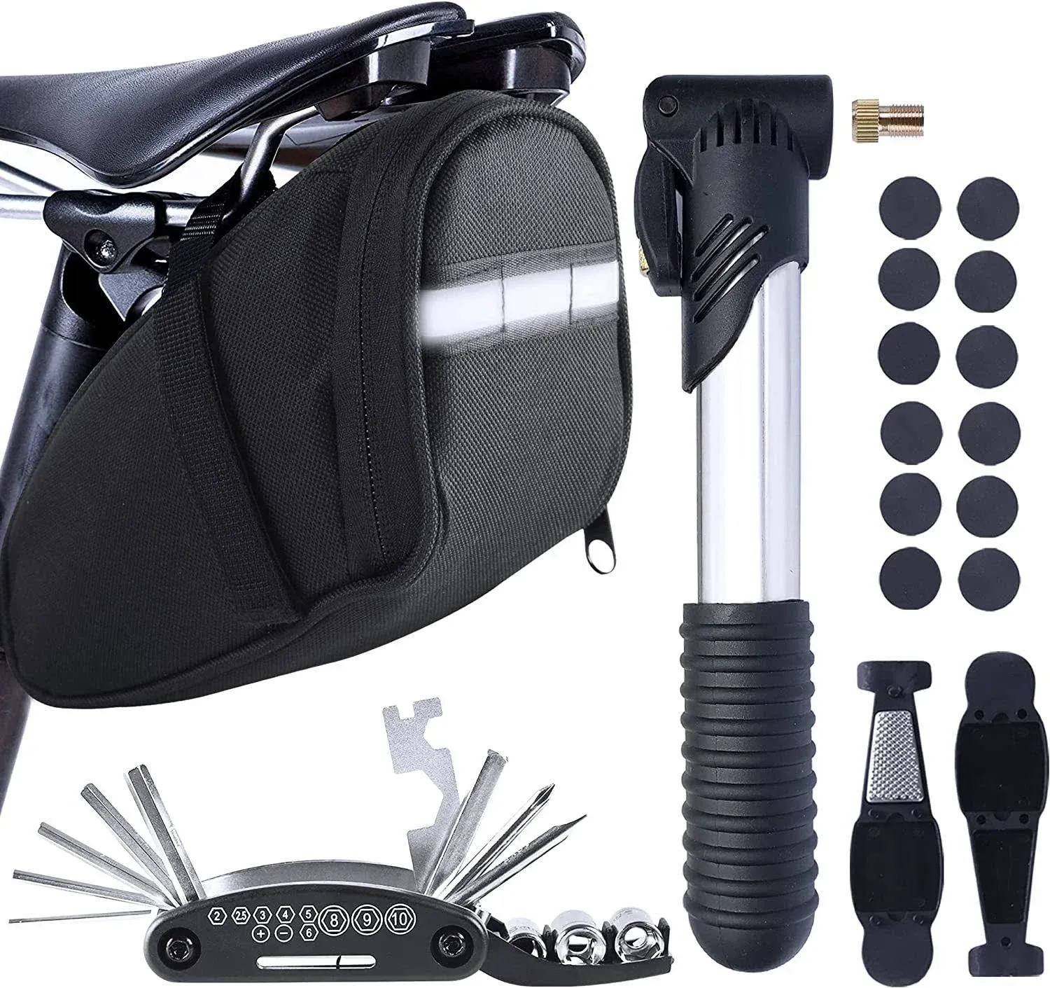 Maspoder Bike Repair Kit, Bike Tire Tool Kit With Mini Pump, Saddle Bag,