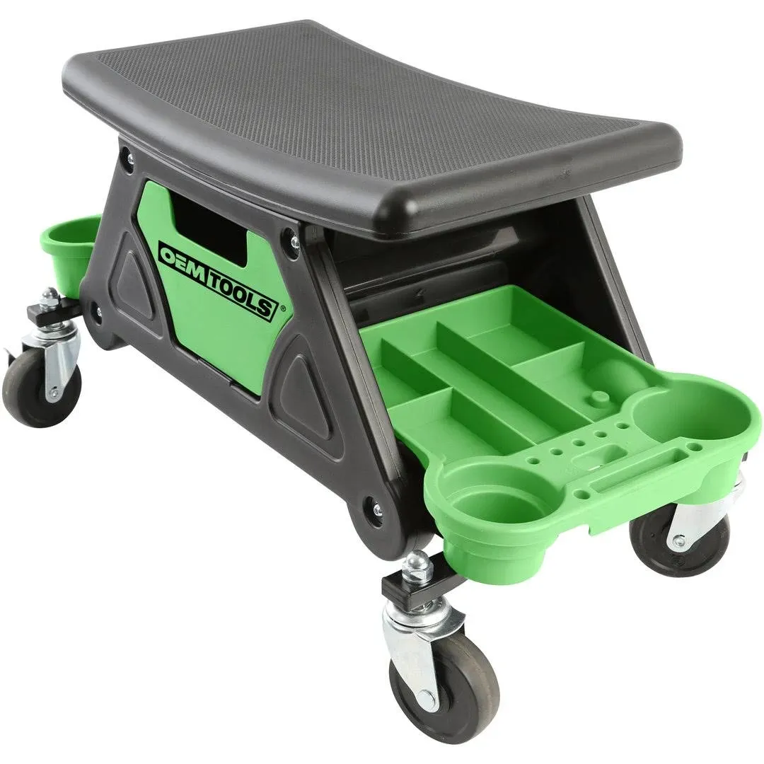 OEMTOOLS 24987 Sidekick Creeper Stool, Metal Shop Stools with Wheels, 5 Storage Seat Options, Cushioned Mechanics Stool with Wheels, Green Creeper Seat