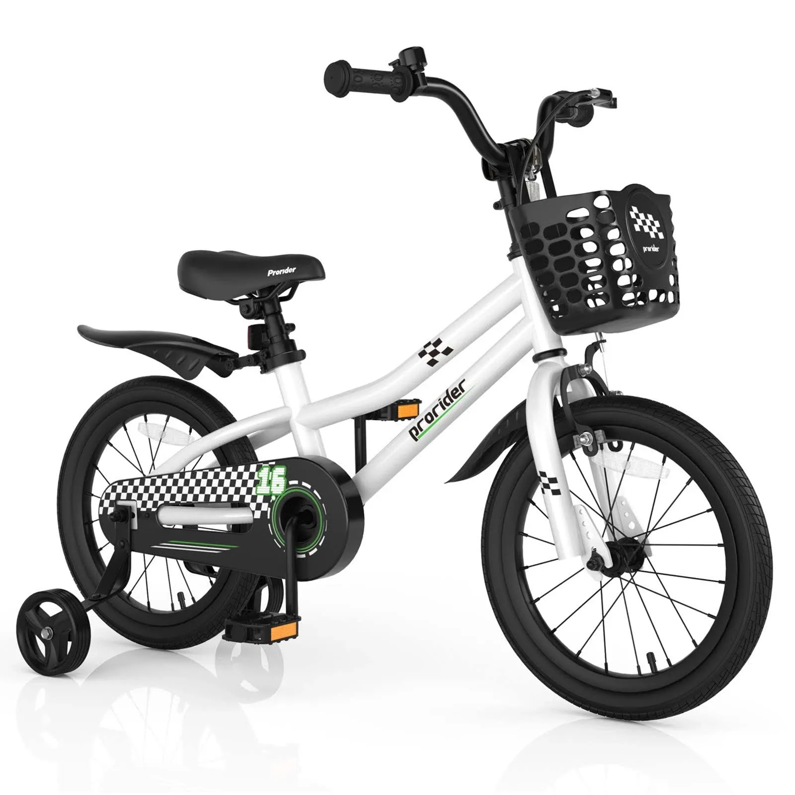 Prorider 16'' Kid's Bike with Removable Training Wheels & Basket for 4-7 Years Old White