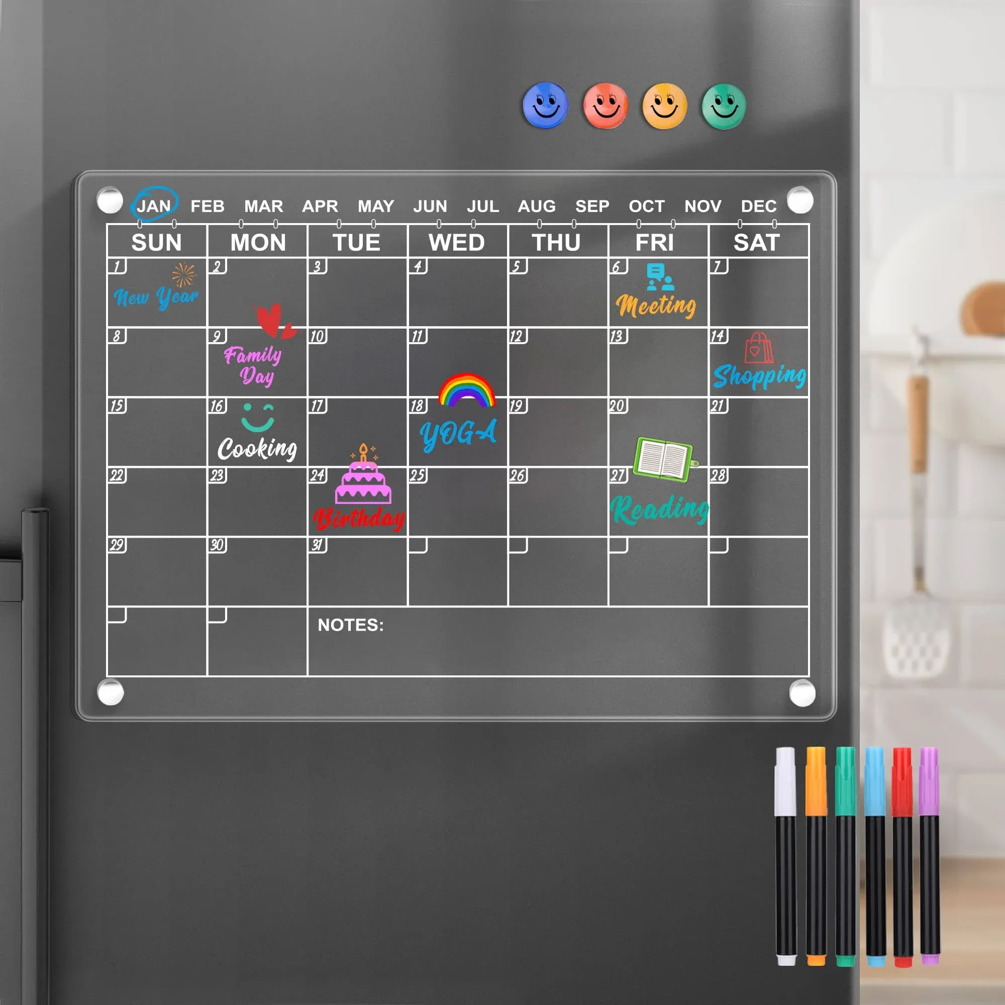 Acrylic Magnetic Dry Erase Calendar Board for Fridge, 16&#034;x12&#034; Clea... FMBI Sales