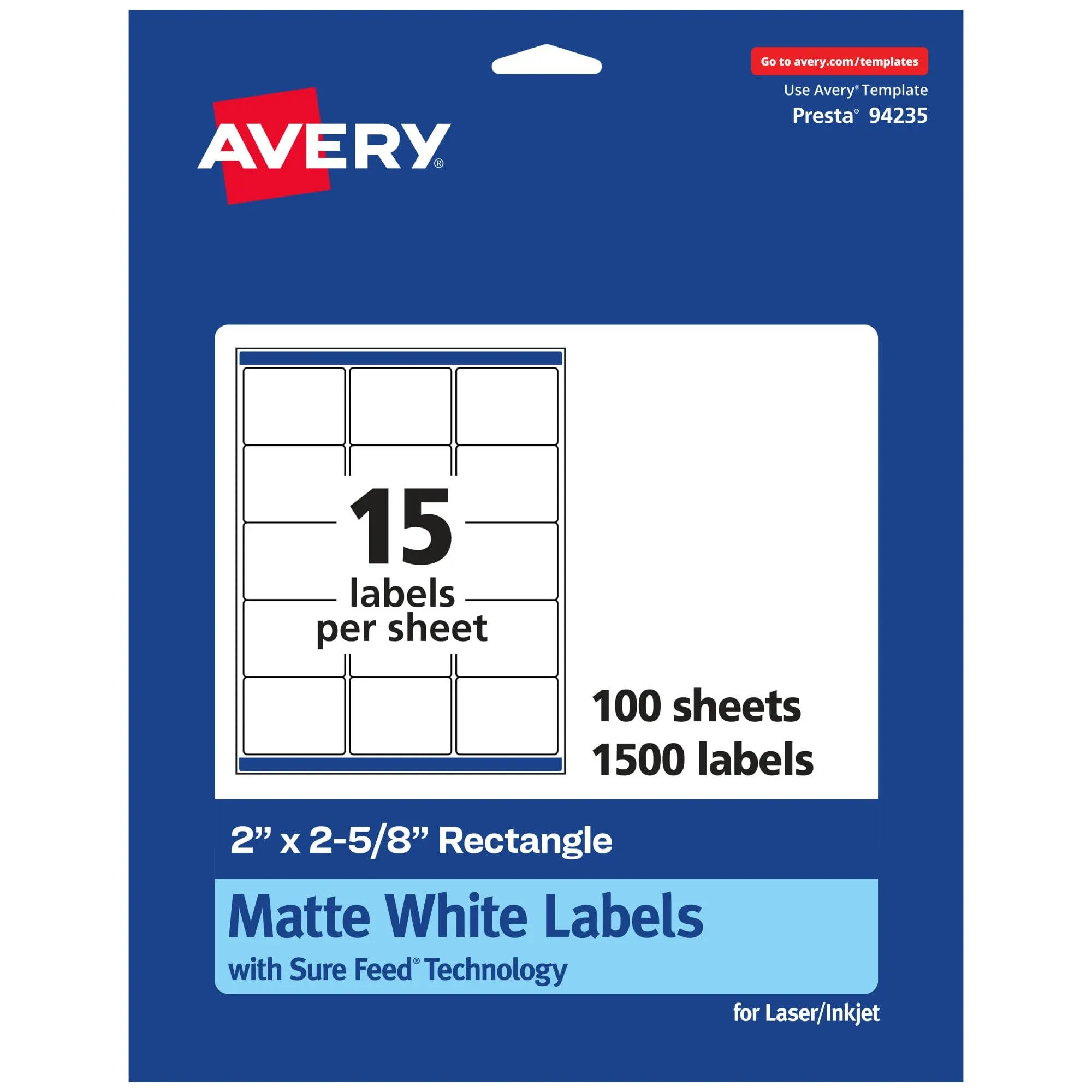 Avery® Permanent Labels With Sure Feed®, 94235-WMP100, Rectangle, 2" x 2-5/8", White, Pack Of 1,500