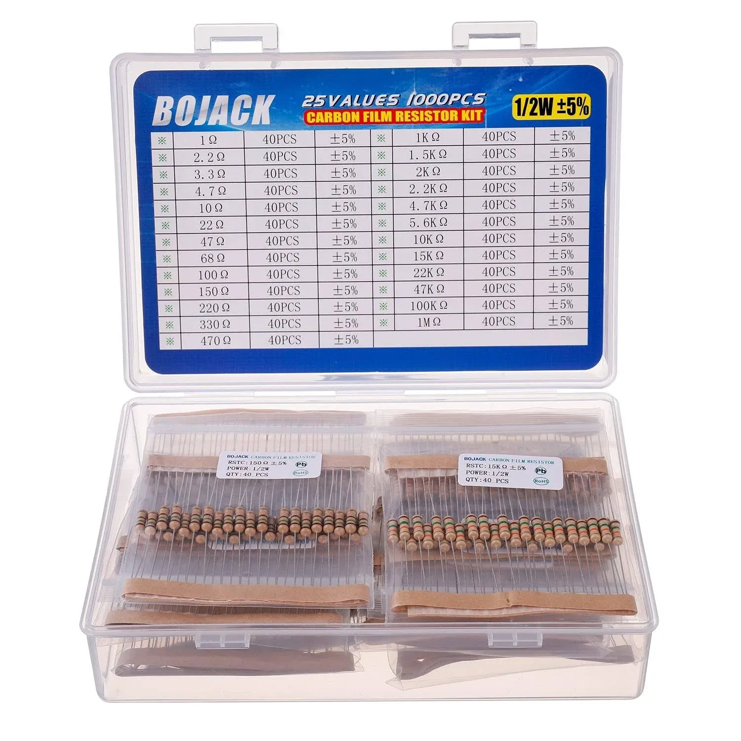 1000 Pieces 1/2 Watt Resistor Kit Assortment in Compartmentali<wbr/>zed Storage Box