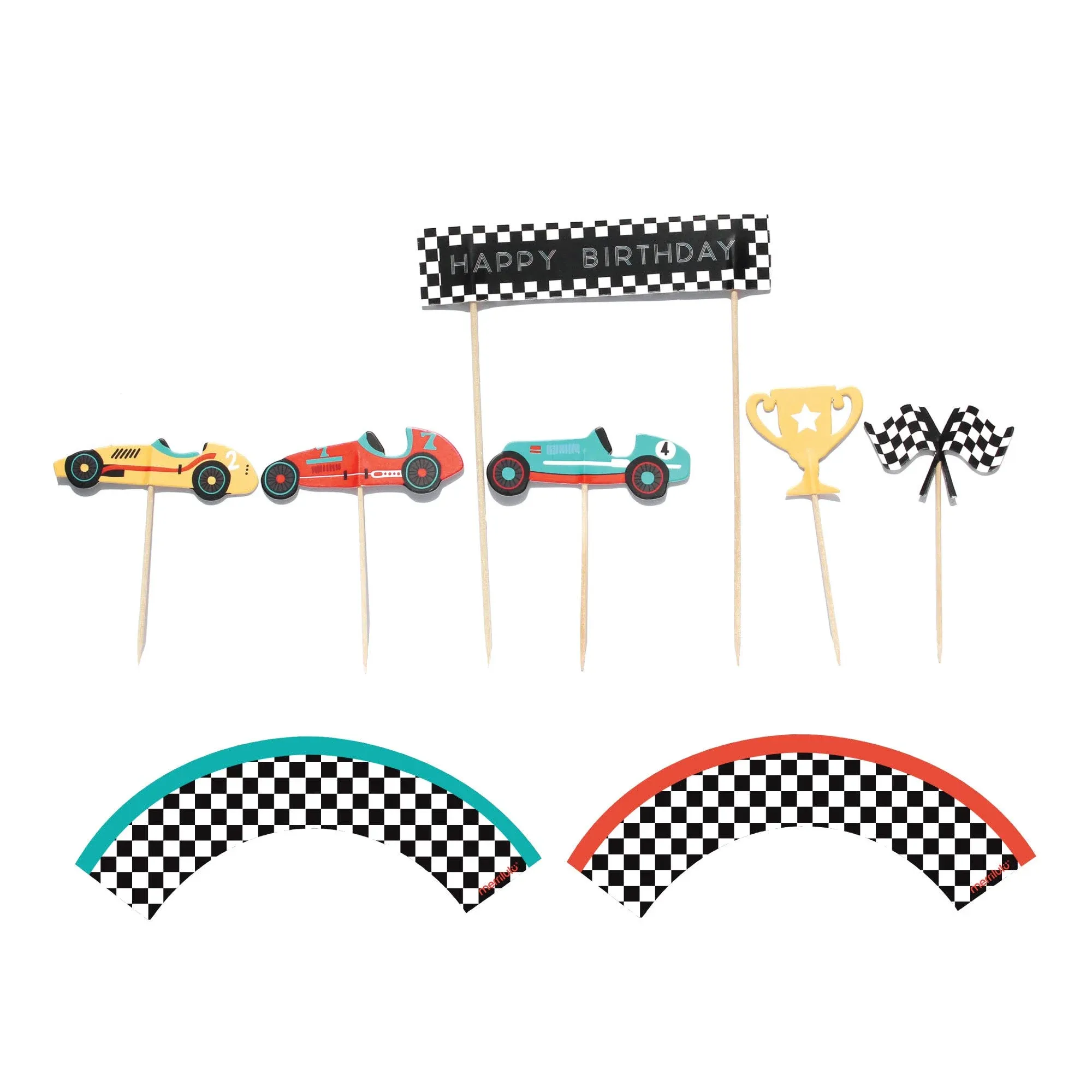 Vintage Race Car- Cupcake, Cake Toppers | 11 Pack | Checkered Flags, Trophy |